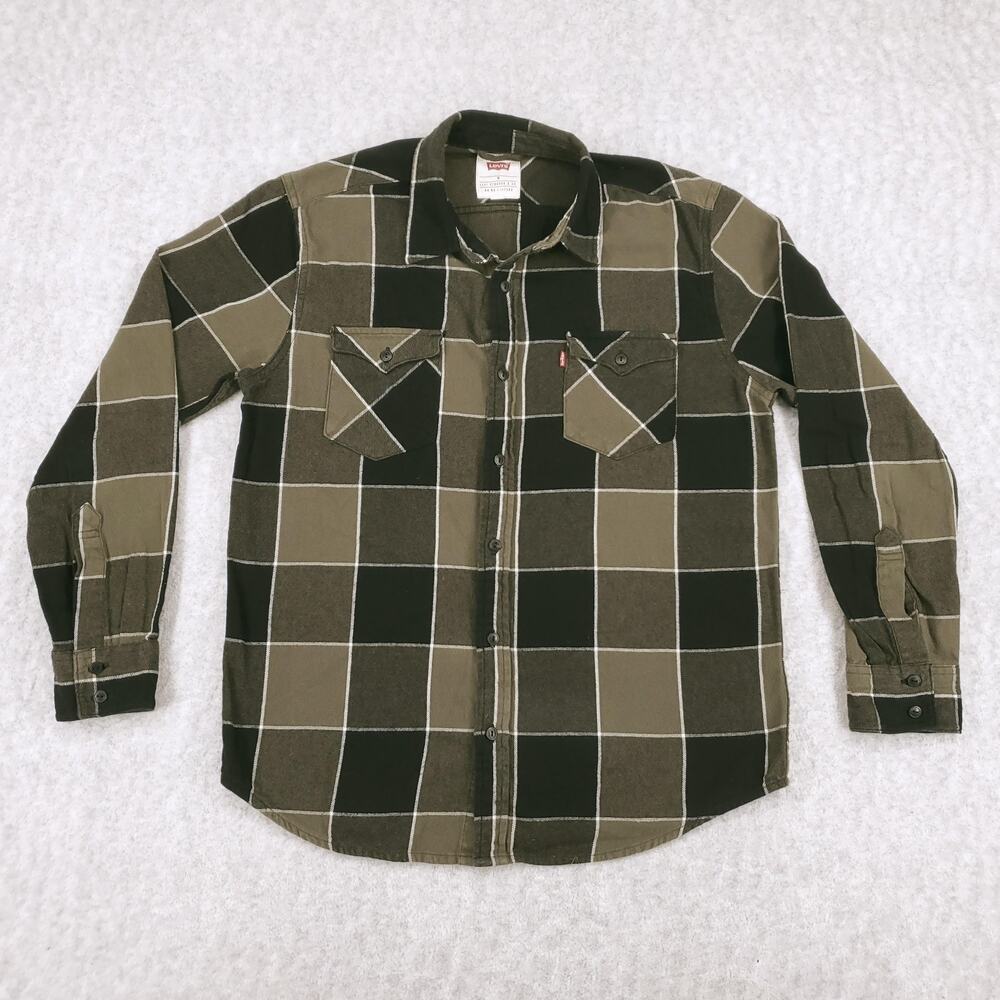Levis Flannel Shirt Mens Medium Green Black Long Sleeve Plaid Oxford Button Down